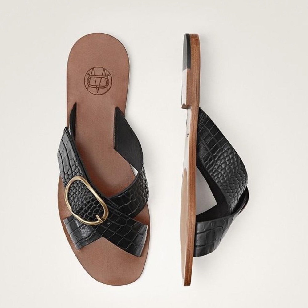 Massino Dutti Chappals Black Croc Vegan Leather Criss Cross Slip On Flat Sandals